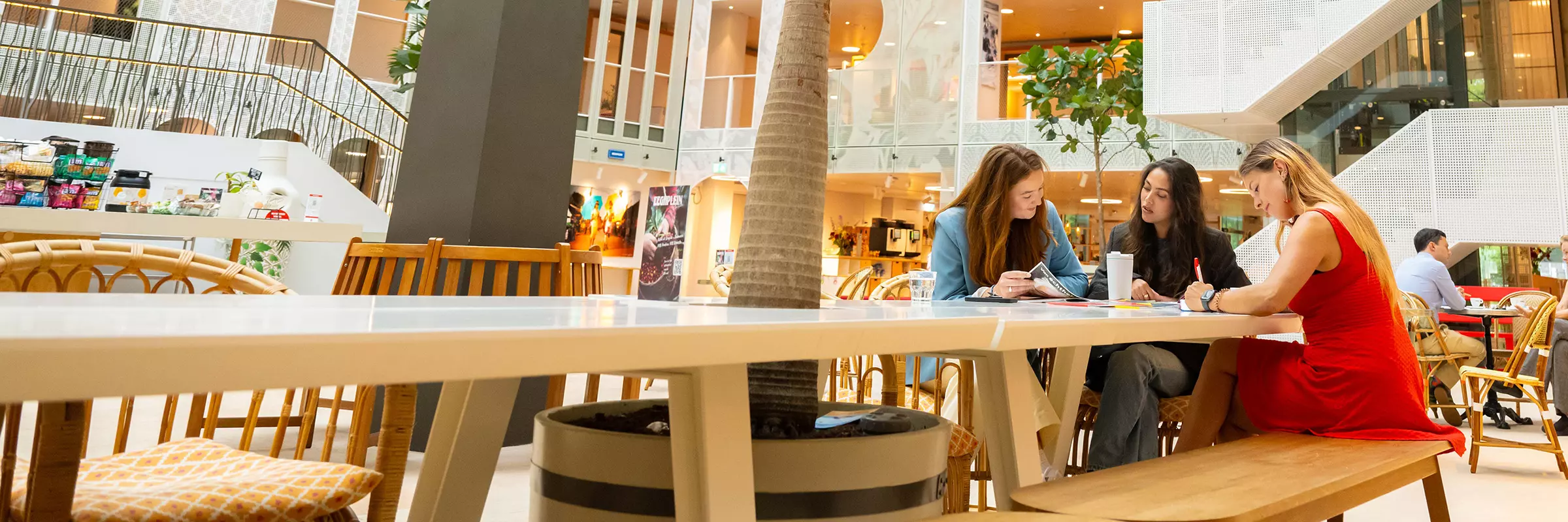 Twee collega’s zitten op banken naast elkaar in overleg.